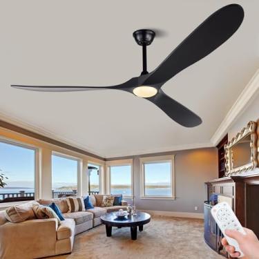 Imagem de BOJUE Ventiladores de teto pretos de 182 cm com luzes e controle remoto, ventilador de teto interno e externo, ventilador de teto de madeira com 3 lâminas de madeira para quarto, pátio, sala de estar