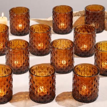 Imagem de MATAHUM Castiçais votivos grandes, 12 peças, 7 x 8 cm, suporte de vela de vidro âmbar para mesa de casamento, decoração de casa, chuveiro de pássaros, festa, decoração de outono