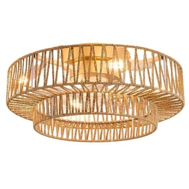 Imagem de MZMHD Ventilador de teto de vime de 50,8 cm com montagem embutida de luzes, luz de ventilador de teto, 4 luzes de baixo perfil fechado com controle remoto para quarto, sala de estar, cozinha