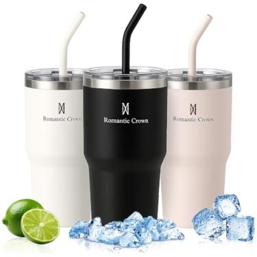 Imagem de Romantic Crown Copo Térmico com Aço inoxidável Canudo e Tampa 591ml, Copos Garrafas Termico para viagem isolamento a vácuo,Caneca Termica Cafe,Água,Chá,Presente,Fitness (Preto-591ml)