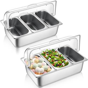 Imagem de Ziliny Embalagem com 2 recipientes para servir comida de bancada de aço inoxidável, bandeja para servir comida buffet, dispensador de condimentos com tampa superior transparente para buffet (3 panelas