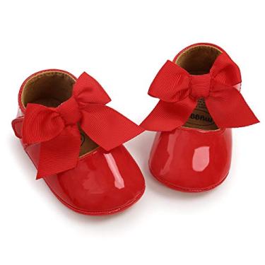 Imagem de Miamooi Vestido infantil para bebês meninas com laço Mary Jane infantil macia antiderrapante vestido de noiva primeira caminhada sapatos de balé pré-andador recém-nascido, A/Vermelho, 0-6 Months Infant
