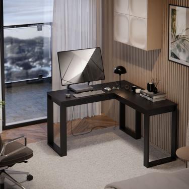 Imagem de Mesa Escrivaninha Berlim De Canto Em L Para Quarto E Escritório Com Espaço Para Pc E Computador Preto