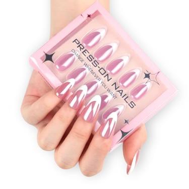 Imagem de RTKHFZ Unhas postiças curtas em forma de amêndoa, pontas de unhas de cor natural com designs de unhas postiças, cobertura total, cola brilhante nas unhas, unhas de acrílico natural, 30 peças