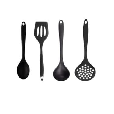 Imagem de Colher De Silicone Para Cozinha - UtensíLios Em Silicone Antiaderente | Inclui EspáTula, Concha, Escumadeira, Colher E EspáTula Vazada | NãO Risca Panelas | Presente Para Chá De Panela(PRETO (KIT4))