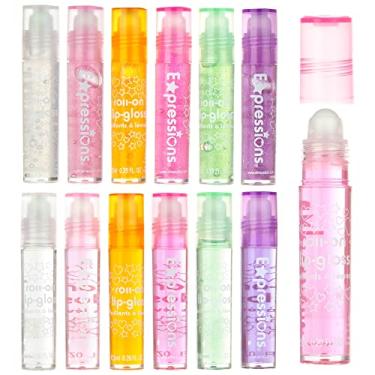 Imagem de EXPRESSIONS Conjunto de brilho labial roll-on com glitter, 12 peças, hidratante labial brilhante para crianças e adolescentes em bolsa com alça Marabou – Conjunto de brilho labial com sabor de frutas sortidas, óleo labial hidratante, maquiagem infantil não tóxica