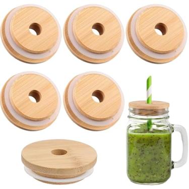 Imagem de 6 peças de tampas de bambu com orifício de palha, tampas de pote de vidro de 70 mm/2,76 polegadas para frascos de boca larga, capa de substituição de madeira para copos de lata de cerveja com anel de