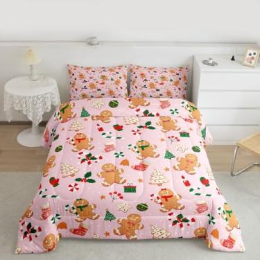 Imagem de jejeloiu Conjunto de edredom casal de árvore de Natal Merry Xmas para crianças, meninos, meninas, homem de gengibre, edredom rosa, 3 peças com 2 fronhas