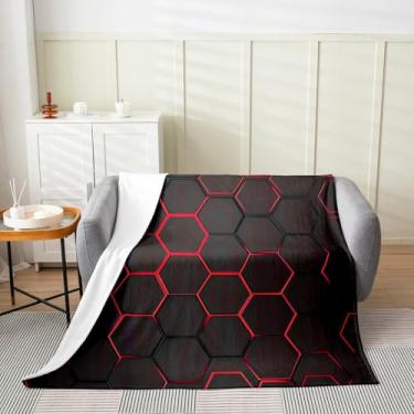 Imagem de jejeloiu Cobertor de lã de favo de mel vermelho preto solteiro 152 x 203 cm cobertor de flanela hexagonal infantil hexagonal geométrico felpudo para cama, sofá, cadeira e sala de estar, microfibra