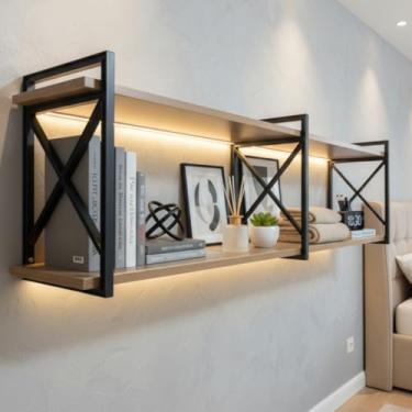 Imagem de Prateleira X Estilo Industrial Moderna, Funcional e Resistente Ideal para Organização e Decoração de Ambientes – Bimove (M. Amêndoa/S. Preto, 90x20)