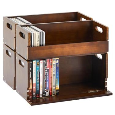 Imagem de CroBlissful 4 conjuntos de caixas de armazenamento de DVD e CD de madeira, suporte de fita cassete com alça de transporte, prateleira organizadora para capas de filmes, cada um pode armazenar até 36