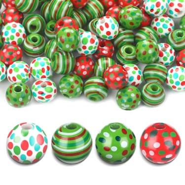 Imagem de Youyole 100 contas de madeira de Natal para artesanato contas de madeira de bengala doce 0,63 polegadas pontilhadas listradas coloridas espaçador natural artesanato com orifício para artesanato DIY