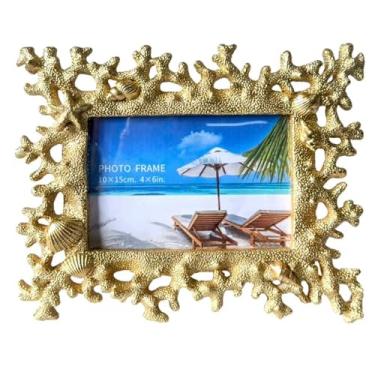 Imagem de ZASEUCI Elegante porta-retrato dourado champanhe 10 x 15 cm - design elegante de resina com detalhe de concha de coral, suporte versátil para mesa ou parede, perfeito para presentes de casamento e