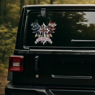 Imagem de Adesivo de capacete premium Ride with God Wings and Cross – Tanque de motocicleta, caixa de ferramentas, para-choque de vinil para carro, caminhão – à prova de intempéries, durável Christian Faith (23