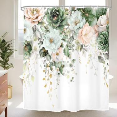 Imagem de Omifly Cortina de chuveiro floral verde e rosa 152 cm L x 182 cm A primavera sálvia folhas de eucalipto plantas de flores silvestres elegantes verão meninas mulheres com 12 ganchos de plástico tecido