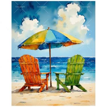 Imagem de Kit de pintura de cena de praia por números para adultos - DIY duas cadeiras sob guarda-chuva na costa arenosa pintura em tela 40,6 x 50,8 cm, conjunto de tinta acrílica, adequado para iniciantes