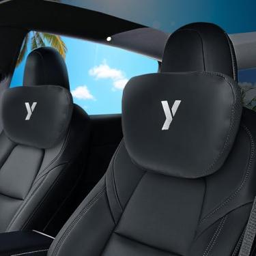 Imagem de Travesseiro de pescoço de carro de couro Napa para Tesla Model Y Model 3 Juniper/Highland almofada de encosto de cabeça espuma viscoelástica design ergonômico respirável altura ajustável acessórios