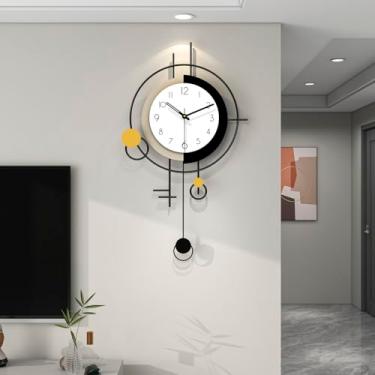 Imagem de FLEBLE Relógio de parede grande decorativo moderno com pêndulo silencioso sem tique-taque operado por bateria relógio de metal preto de parede para sala de estar, cozinha, quarto, escritório