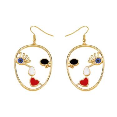 Imagem de Brincos pendentes de rosto feminino assimétrico abstrato para mulheres, banhado a ouro, rosto vazado, colorido, esmaltado, vermelho, coração, declaração de amor, pendurado, hipoalergênico, moda, joias