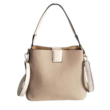 Imagem de Bolsa Feminina Pequena 3 Divisórias Espaçosa Couro PU Leve Alça de Mão Tiracolo Versátil Trabalho Passeio (Bege)