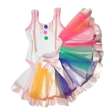 Imagem de Fantasia Palhacinha Circo Infantil Tutu Arco-Íris, Saia Multicores em Tule com Laço Rosa, collant Decorado com Botões Coloridos para aniversários e eventos escolar Tam P - 6 anos