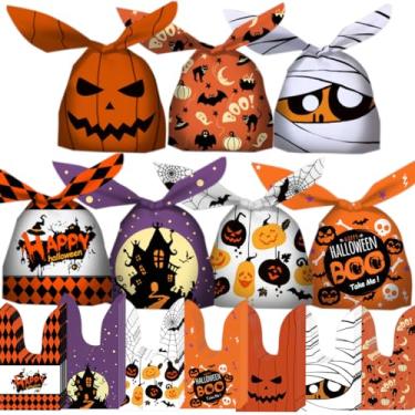 Imagem de 100 sacos de doces de Halloween para festa de Halloween, 7 designs de sacos de presente de Halloween para crianças doces ou travessuras, sacolas de plástico pequenas de Halloween para lembrancinhas de festa de Halloween