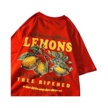 Imagem de Camisetas De Algodão Oversize Femininas Com Estampa De Limões E Cereja