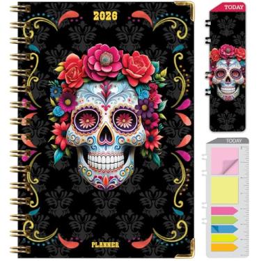 Imagem de Agenda Hardcover 2026, 14 cm x 20 cm: 14 meses (novembro de 2025 a dezembro de 2026), agenda mensal diária, agenda anual, marcador de livro, pasta de bolso e conjunto de notas adesivas (caveira de