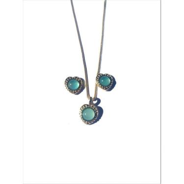 Imagem de Conj. Colar E Brinco Pedra Agata Azul Céu Coração Semijoia