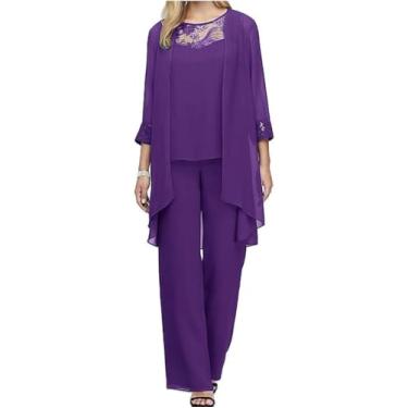 Imagem de Conjunto De 3 Peças De Chiffon Para Mulheres Iluding Tank Top 7 Manga Cardigan Calças Longas Vestido De Mãe De Casamento Elegante Para Mulheres Com Decote Em Torno De Renda Ci, Purple, L