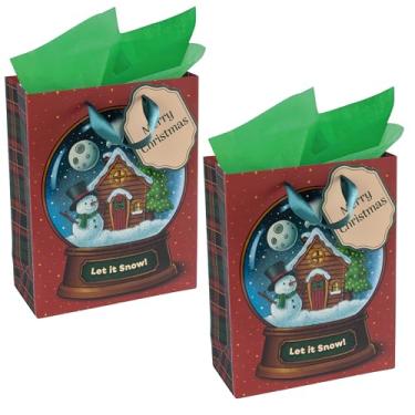 Imagem de Sacos de presente de Natal para Globo de Neve – Pequeno 23 cm x 17,8 cm x 7,6 cm – Pacote com 2 sacos de presente de papel resistente com papel de seda, etiqueta e alça – "Let It Snow" – Perfeito para