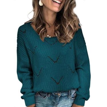 Imagem de Suéter feminino Dokotoo com decote em V colorido, cabo tricotado azul