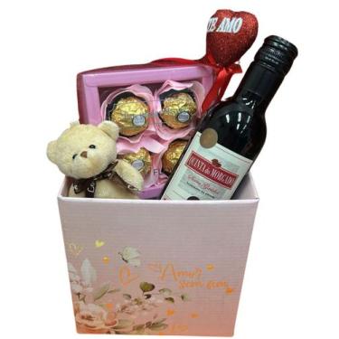 Imagem de Presente Romântico Cesta Mini Vinho Ferrero Rocher Ursinho -, Rosa