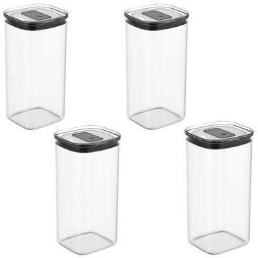 Imagem de Kit 4 Potes Herméticos Quadrados 1.5L para Grãos Vedação Dupla Empilhá