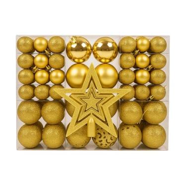 Imagem de Kit 100 Bolas de Natal + Estrela de Topo LEEBOOM Enfeites para Decoração Natalina Bolinhas Lisas e com Glitter (Dourado)