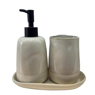 Imagem de Kit de Saboneteira, Conjunto de Banheiro em Cerâmica, Porcelana 3 Peças, Bege, Estilo Clássico Europeu, com Dispenser, Porta Escova e Base para Sabonete, para Casa, Hotel, Restaurante