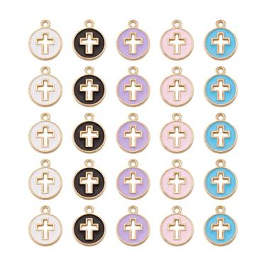 Imagem de Pingentes de cruz esmaltada, 100 peças, disco redondo plano, religioso, cruz, cruz, crucifixo, rosário, pingentes para fazer joias DIY, colar, brincos, Eid Mubarak, Ramadã, Natal