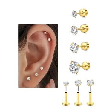 Imagem de Brinco de cartilagem de ouro prateado para mulheres, brincos sem fio, hipoalergênicos, tragus, concha, cartilagem, hélice, joias, 20 g, brincos de segundo furo plano para mulheres, conjunto de pilhas