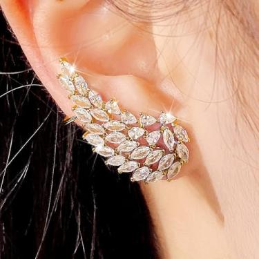 Imagem de Brincos banhados a ouro em formato de asa de zircônia cúbica de folha branca para mulheres, casamentos, festas noturnas, uso diário, joia leve, brinco, presente para ela