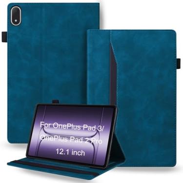 Imagem de DWaybox Capa à prova de choque para OnePlus Pad 2 Pro/OnePlus Pad 3 33.5 cm lançado em 2025 - couro PU retrô + capa protetora híbrida TPU com alça antiderrapante e compartimentos para cartão - azul