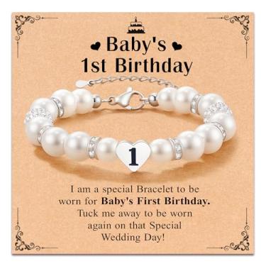 Imagem de JQVLOVE Presentes de aniversário de menina de um ano, pulseiras com contas para presentes de menina de 1 ano, pulseiras de pérolas brancas ajustáveis como presentes de feliz aniversário atenciosos