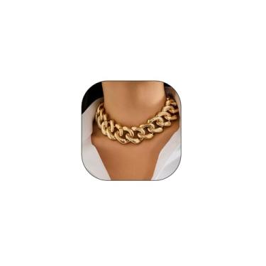 Imagem de LittleFathand Colar de corrente de ouro grosso para mulheres, colar de gargantilha grande e grosso, corrente cubana de ouro, colares punk hip-hop, bijuterias, presente de fantasia, Zinco, Sem Pedra