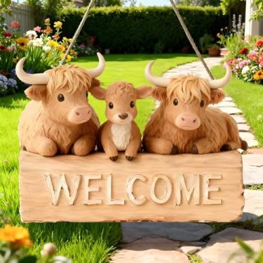 Imagem de Placa suspensa de boas-vindas da família Highland Cow – decoração charmosa para casa de fazenda, jardim, cerca/MP-03