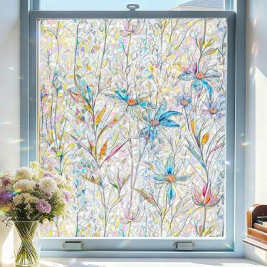Imagem de ADD.HERES Película de privacidade para janela, adesivos de janela florais coloridos, adesivos estáticos de buquê faça-você-mesmo removíveis, decalques para suprimentos de festa em casa, escola
