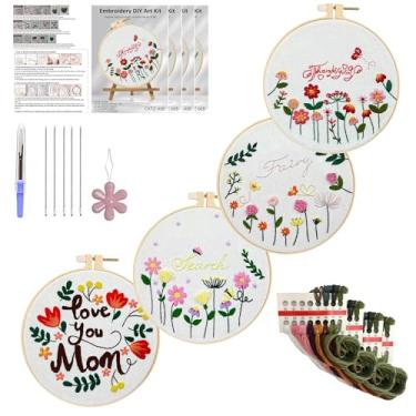 Imagem de Huacan Kits de bordado para adultos, iniciantes, 4 peças de flores estampadas, kit de costura faça você mesmo, 19 x 19 cm