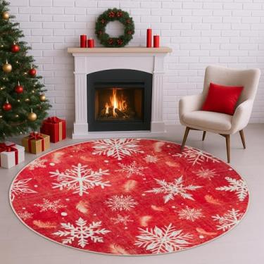 Imagem de Acetiamin Tapete redondo de Natal lavável à máquina de 1,8 m, antiderrapante, vintage, floral, para crianças, tapete baixo para sala de estar, quarto, sala de jantar e berçário (floco de neve de 1,2 m