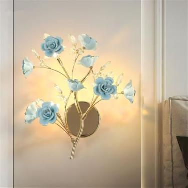 Imagem de Luminária de parede contemporânea em cerâmica com flor de rosa, LED, estilo campestre francês, criativa, para sala de estar, restaurante, quarto, casa de campo, corredor, cabeceira (Azul D34