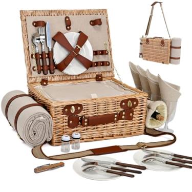 Imagem de Cesta de piquenique com cobertor e bolsa de vinho para 4, conjunto de piquenique de vime com forro isolado, cesto térmico para acampamento, casamento - natural