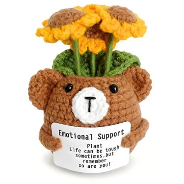 Imagem de Vaso de urso de crochê com girassóis, decoração de plantas de suporte emocional, decoração de mesa fofa feita à mão para escritório em casa (girassóis)