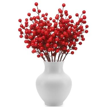 Imagem de AONYIYI Pacote com 10 hastes artificiais de baga vermelha de Natal de 36 cm, galhos artificiais de azevinho para árvore de Natal, guirlanda, arranjos florais de férias, casamento, decoração de casa